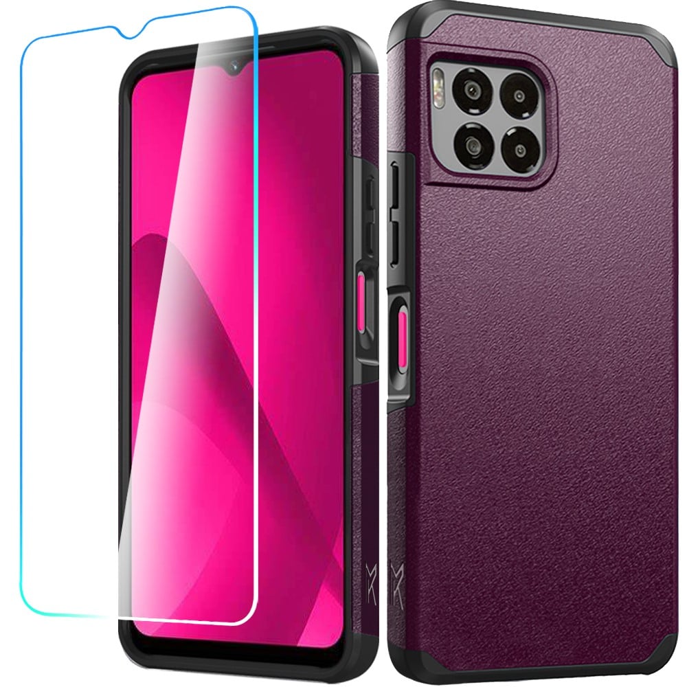 For REVVL 7 Pro 5G Tough Strong Hybrid Case Cover + Tempered Glass - Dark Purple