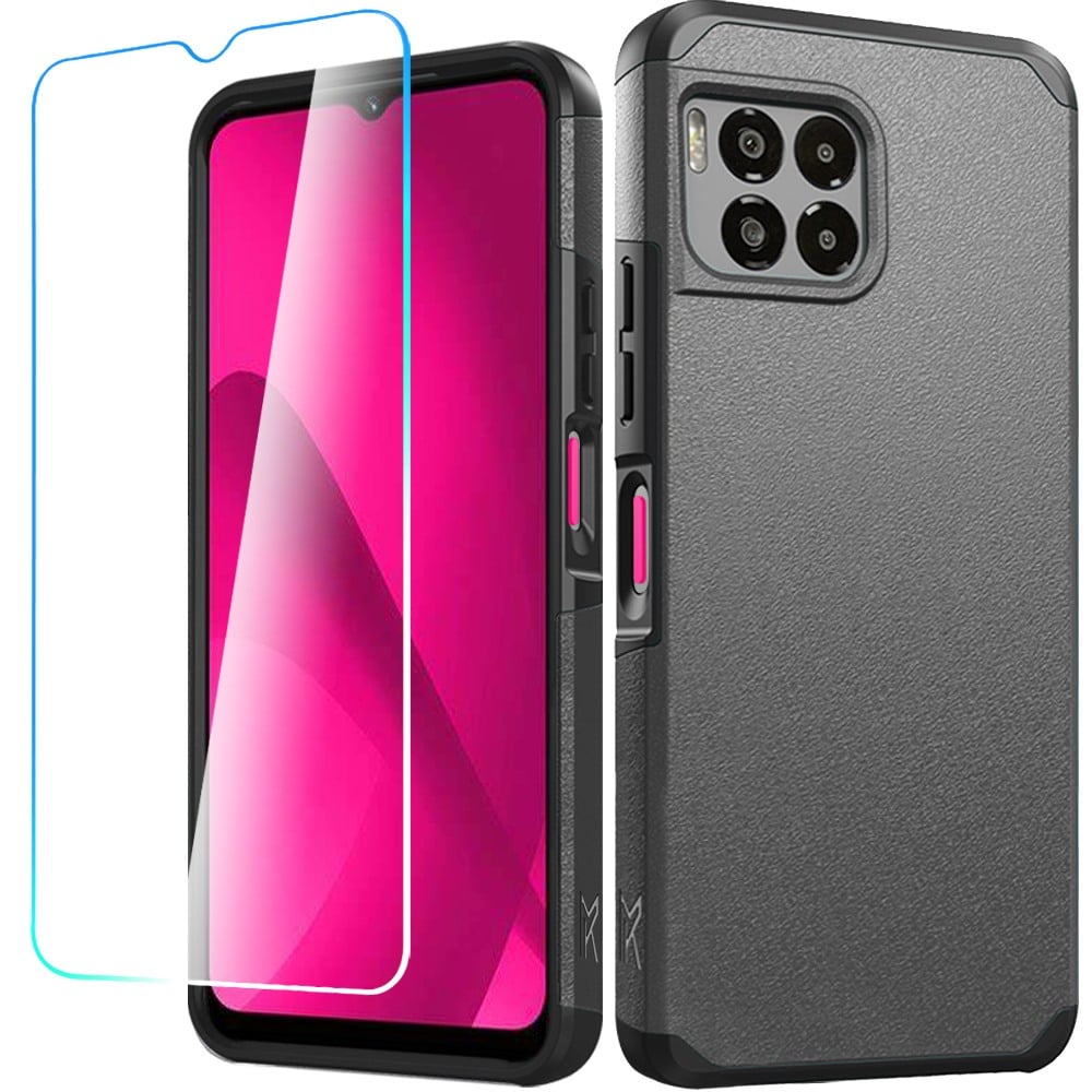 For REVVL 7 Pro 5G Tough Strong Hybrid Case Cover + Tempered Glass - Charcoal Grey
