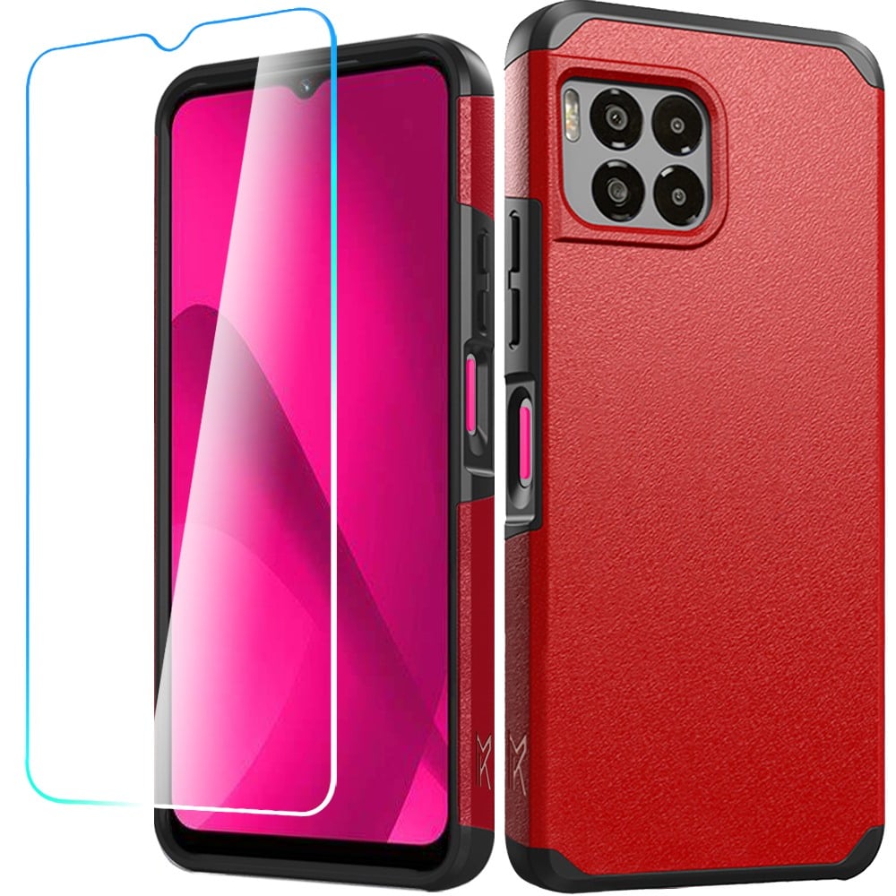 For REVVL 7 Pro 5G Tough Strong Hybrid Case Cover + Tempered Glass - Red