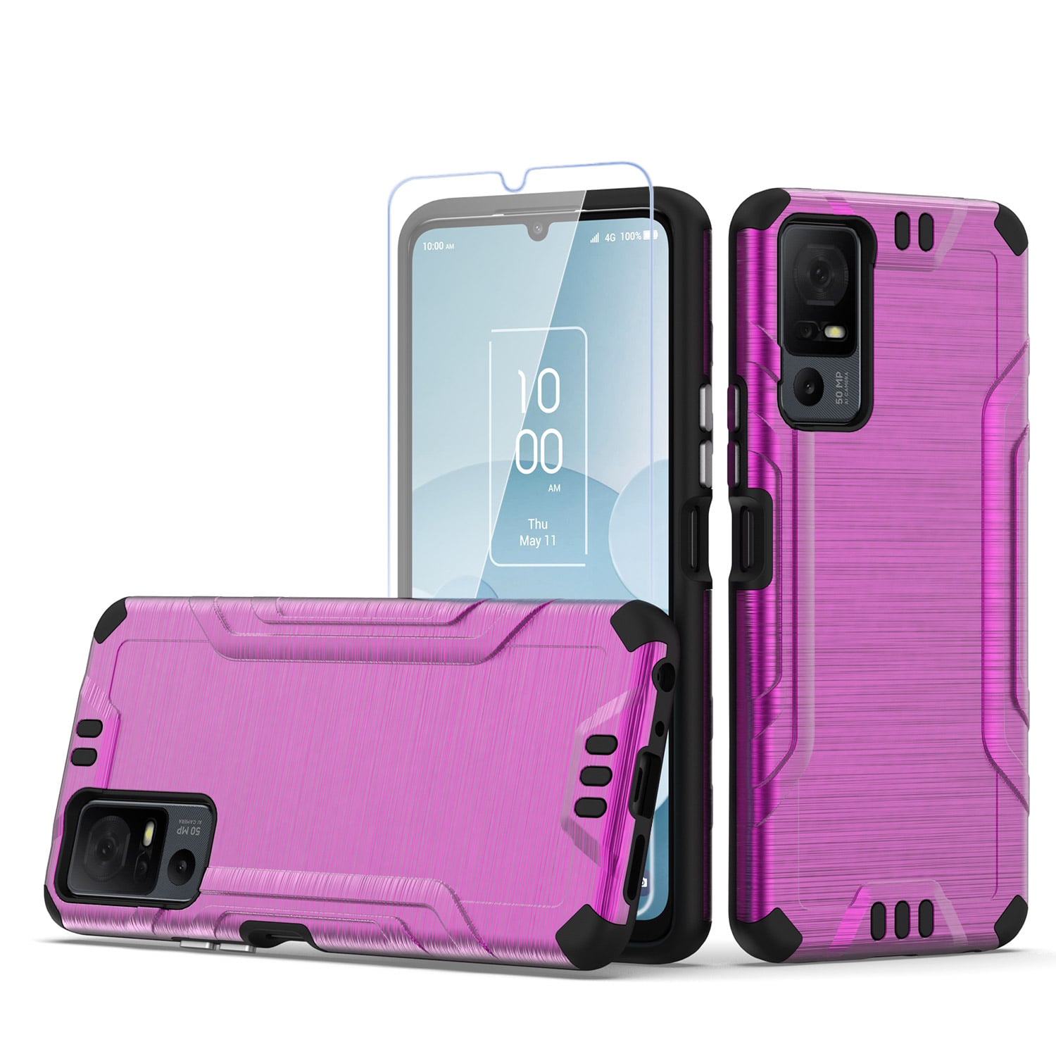 For TCL 40 XL Strong Tough Metallic Design Hybrid + Tempered Glass - Hot Pink