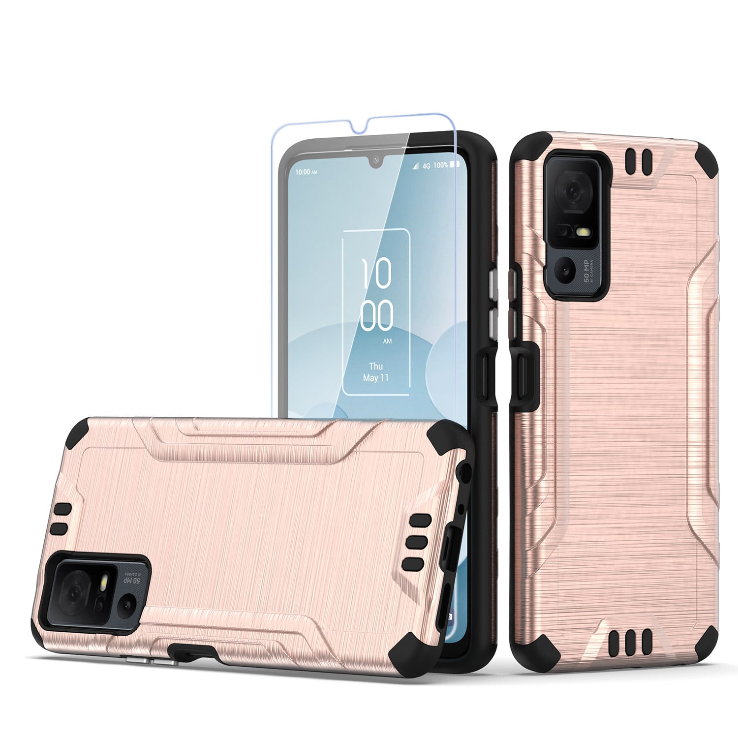 For TCL 40 XL Strong Tough Metallic Design Hybrid + Tempered Glass - Rose Gold