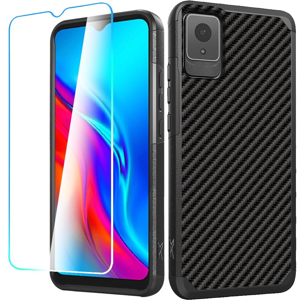 For TCL K11 Tough Strong MetKase Hybrid (Magnet Mount Friendly) + Tempered Glass Case Cover - Carbon