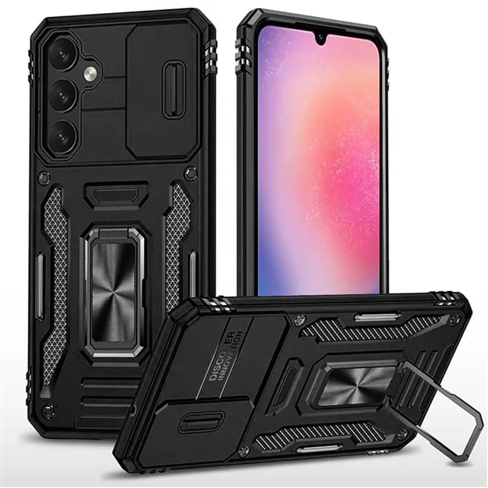For Samsung Galaxy A26 Utter Tough Metal Ring Movable Camera Window Hybrid Case Cover - Black