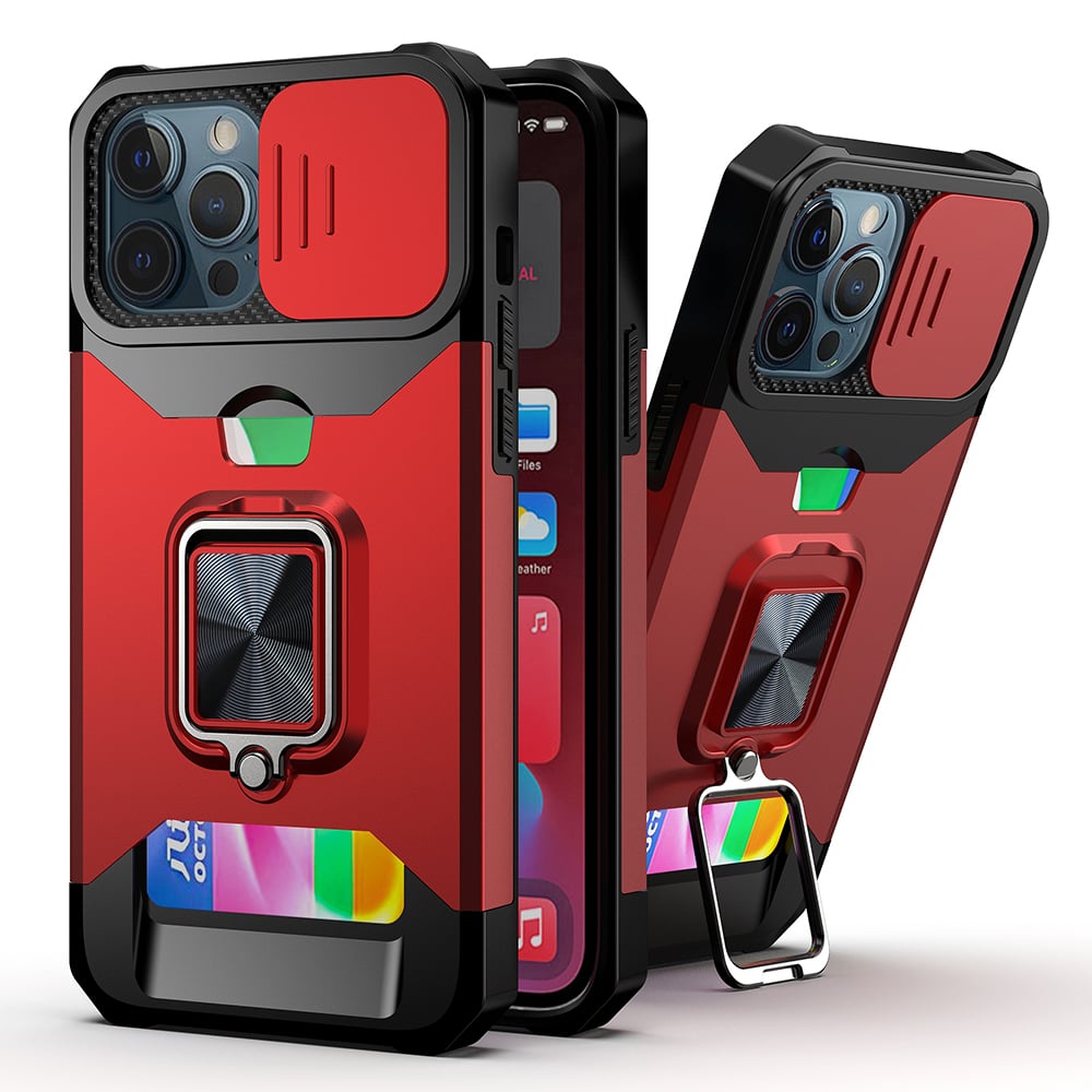For Apple iPhone XR Multi-Functional Card Magnetic Ring Stand Hybrid Camera Case Cover - Red