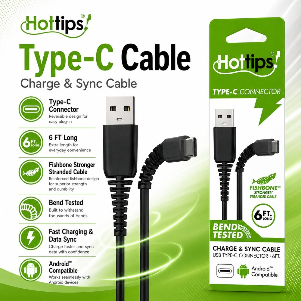 HOTTIPS 6FT USB TO C CABLE - BLACK (D1)