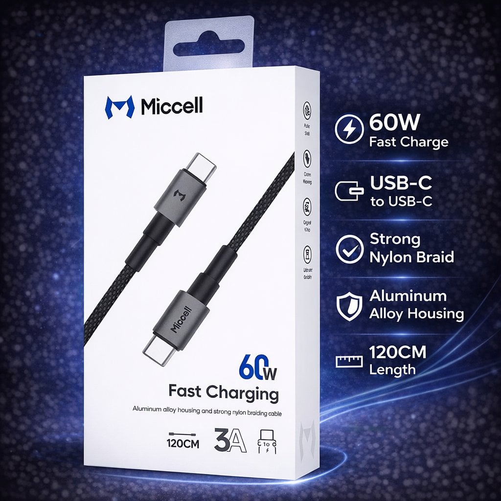 MICCELL [CABLE] (60W TypeC-TypeC 4FT BLACK) - BRAIDED FAST CHARGE - (LANE B19 ITEM 3)
