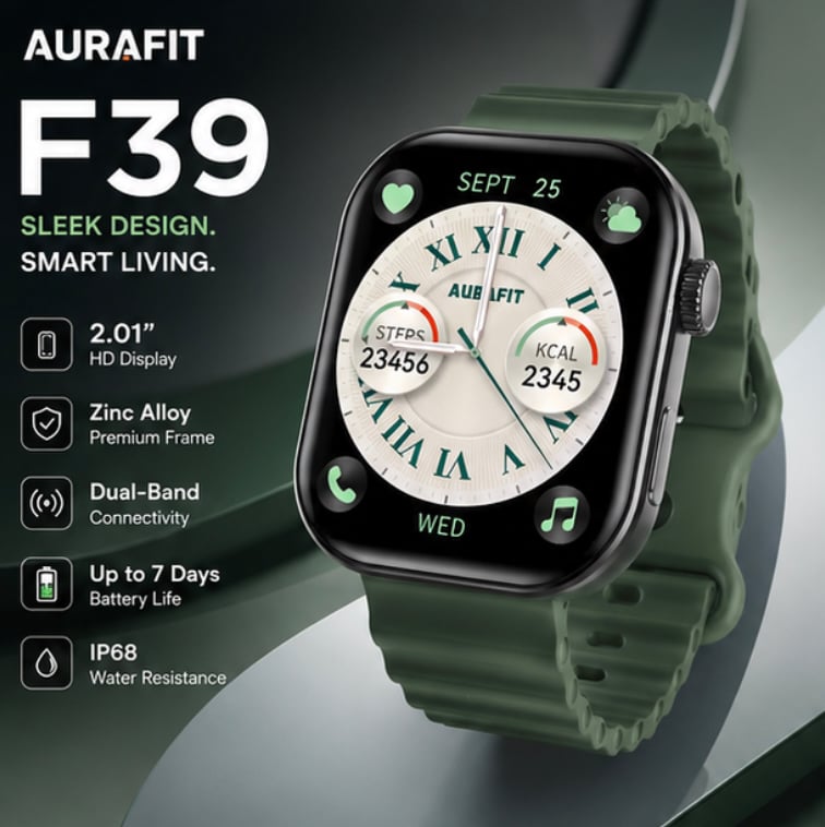 AuraFit Square Smart Watch with 2.01" HD Display, Premium Zinc Alloy Frame, Dual-Band Connectivity.