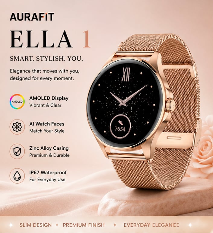AuraFit Women's Smart Watch featuring AMOLED Display, Premium Zinc Alloy Casing, AI Watch Faces, Sli