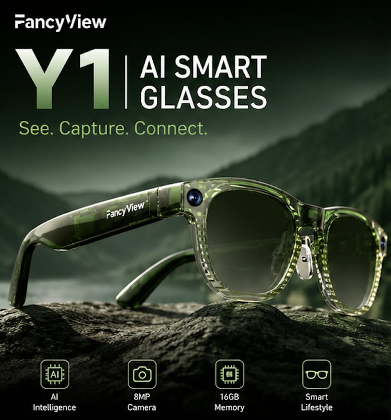 Fancyview Smart Glasses with 8 megapixels camera,16 GB memory,AI, Green. D3