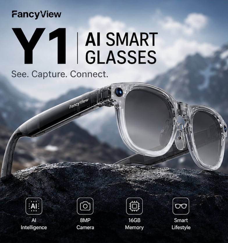 Fancyview Smart Glasses with 8 megapixels camera,16 GB memory,AI, Translucent Grey. D3
