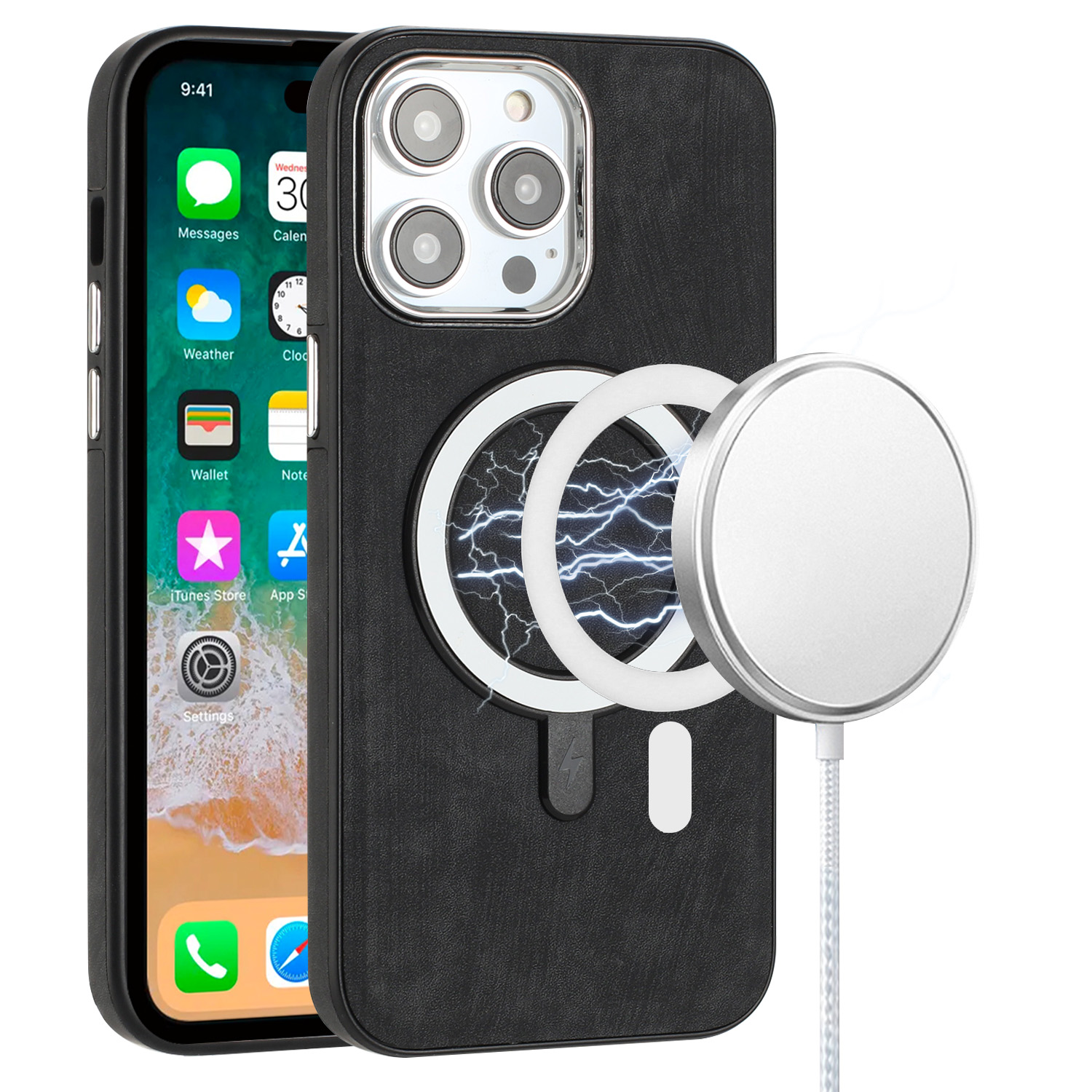 For Samsung Galaxy S22 Ultra Fashion Chrome Edged Camera [Magnetic Circle] PU Leather Hybrid - Black