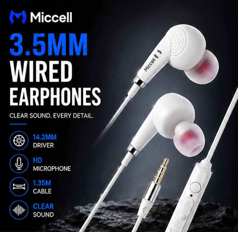 MICCELL [3.5MM WIRED EARPHONES] (WHITE / HD MICROPHONE) CLEAR SOUND & DEEP BASS (14.2MM DRIVER / 1.3