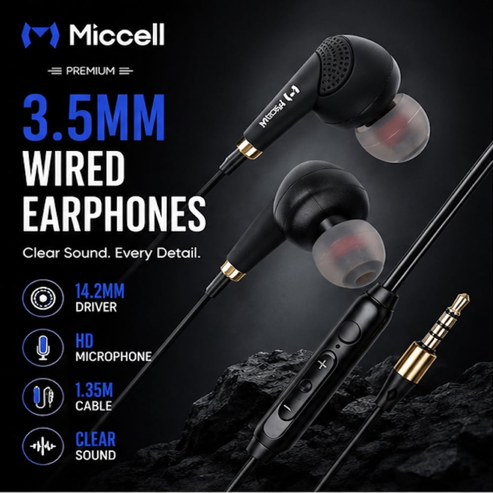 MICCELL [3.5MM WIRED EARPHONES] (BLACK / HD MICROPHONE) CLEAR SOUND & DEEP BASS (14.2MM DRIVER / 1.3