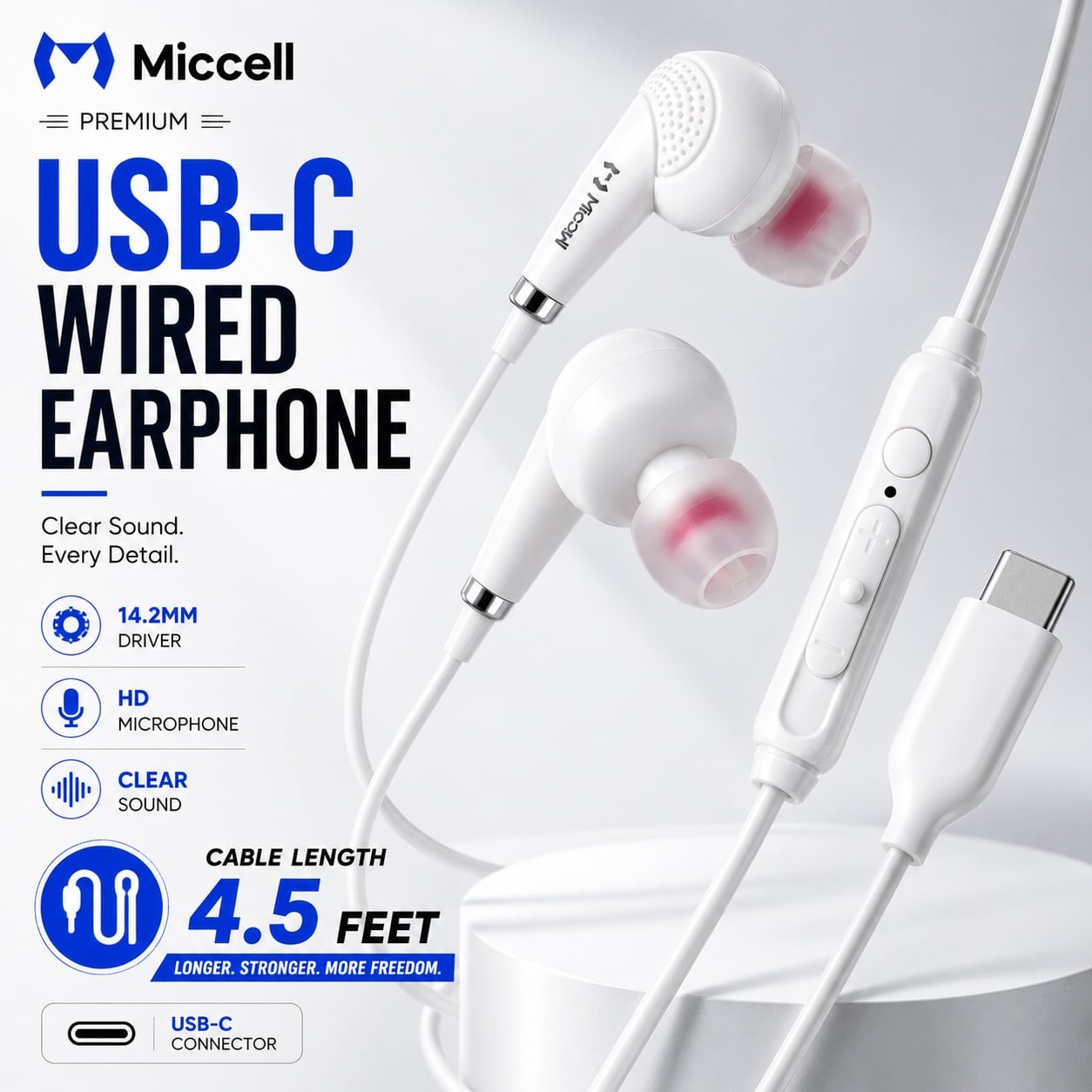 MICCELL [USB-C WIRED EARPHONES] 4.5FT CABLE (WHITE / HD MICROPHONE) CLEAR SOUND & DEEP BASS (B19 ITE