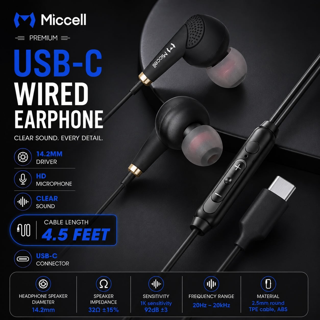 MICCELL [USB-C WIRED EARPHONES] 4.5FT CABLE (BLACK / HD MICROPHONE) CLEAR SOUND & DEEP BASS (B19 ITE