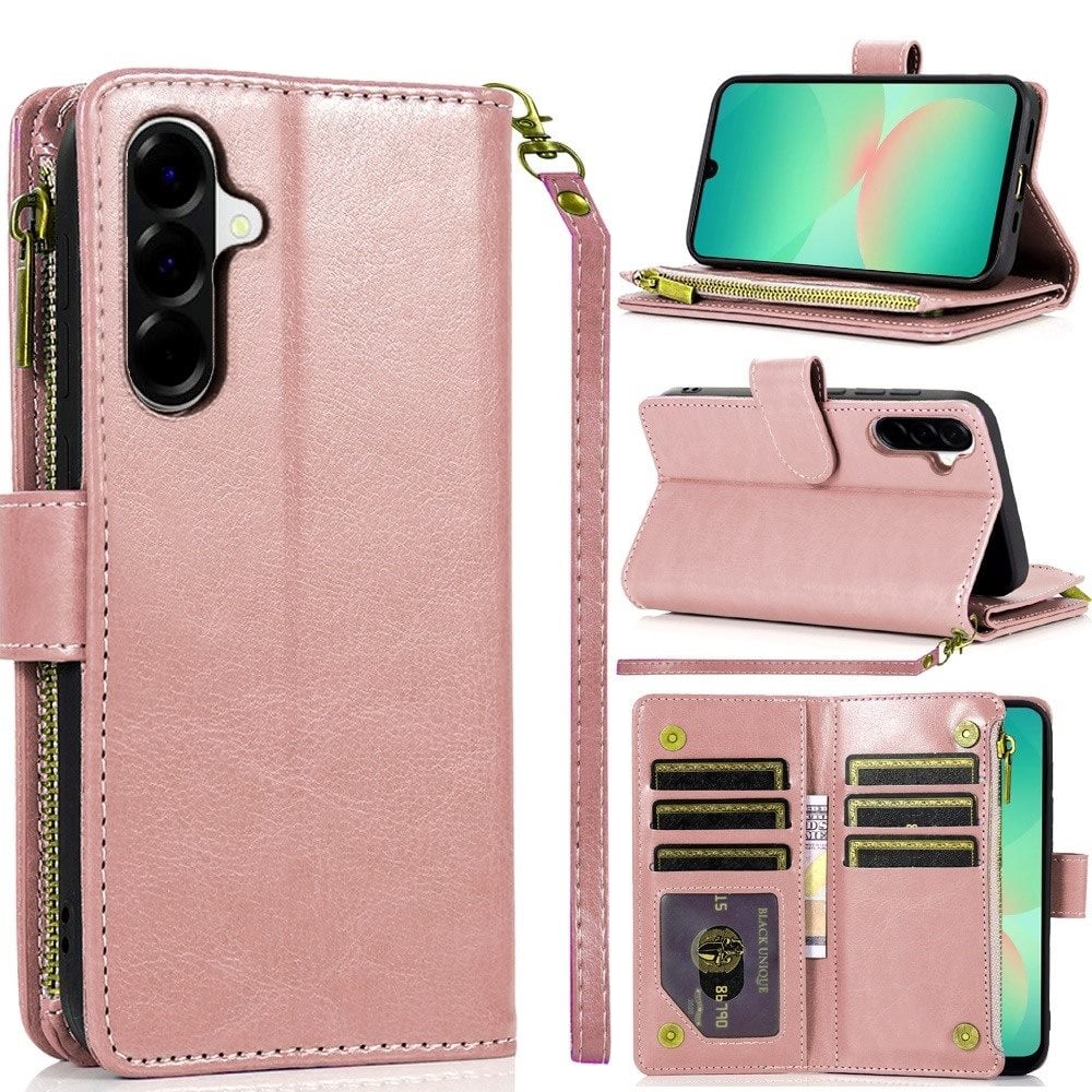 For Samsung Galaxy A27 Luxury Wallet Card ID Zipper Money Holder Case Cover - Rose Gold