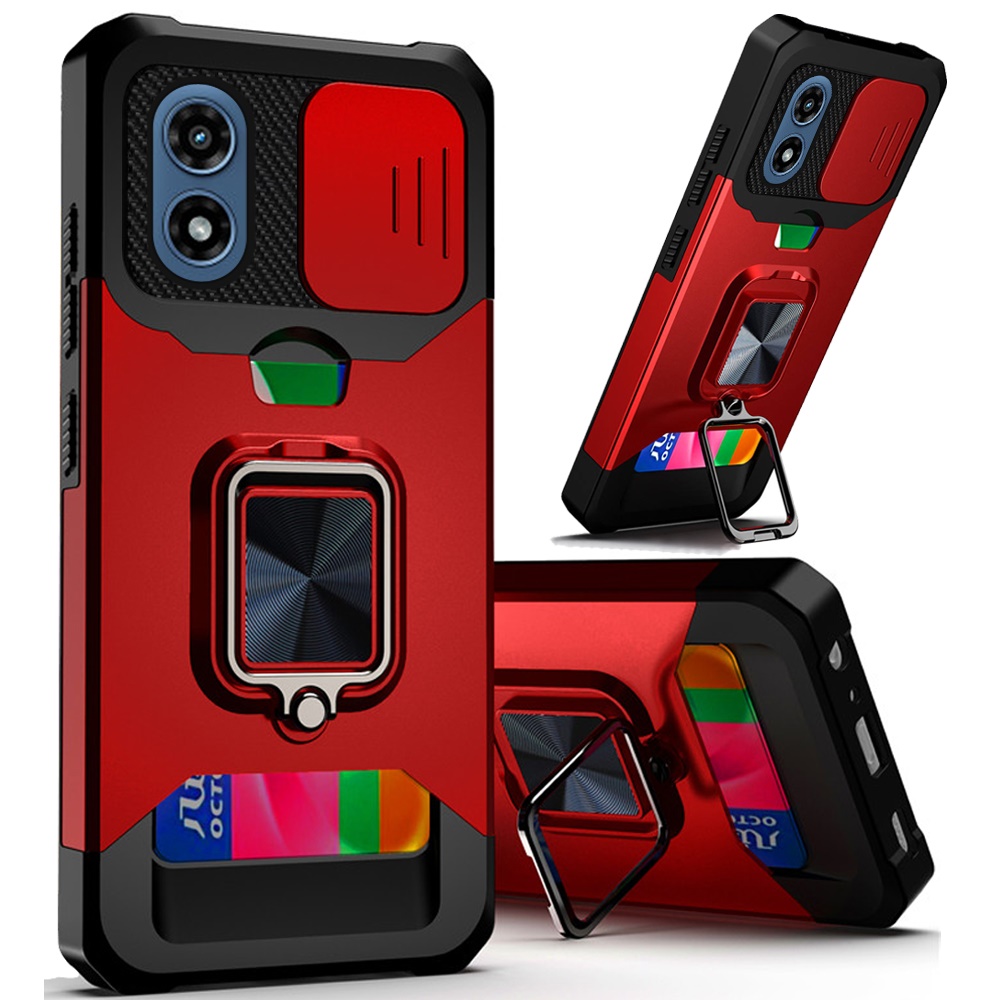 For Motorola Moto G Play 2024 Multi-Functional Card Magnetic Ring Stand Hybrid Camera Case Cover - R