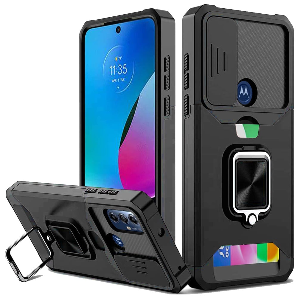 For Moto G Play 2023, G Pure, G Power (2022) Multi-Functional Card Magnetic Ring Stand Hybrid Camera