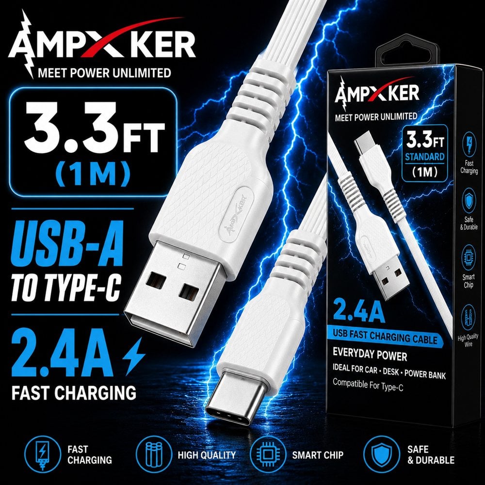 USB-A to TYPE-C - Fast Charging Cable 3.3FT (1M) - White (LANE C BOXES - ITEM 19)