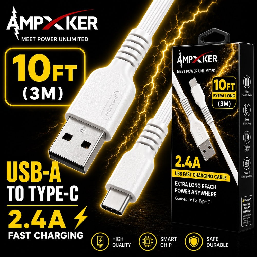 10 FT - USB-A to TYPE-C - Fast Charging Cable - White (LANE C BOXES - ITEM 23)