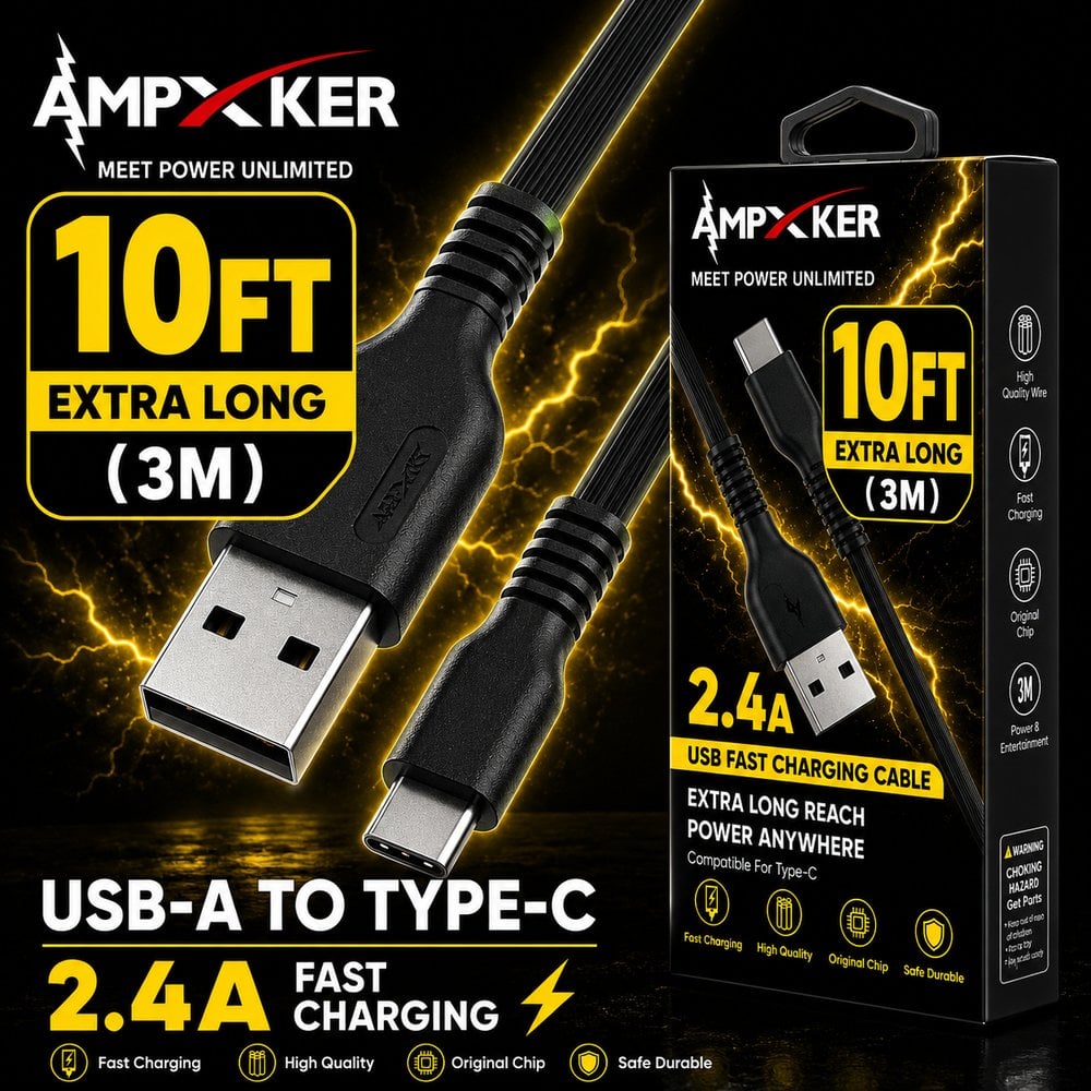 10 FT - USB-A to TYPE-C - Fast Charging Cable - Black (LANE C BOXES - ITEM 22)