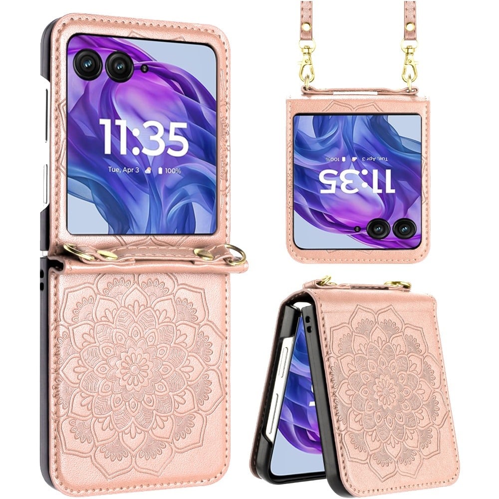 For Motorola Razr+ Plus 2024 Embossed Floral Design Case Cover with Strap - Rose Gold