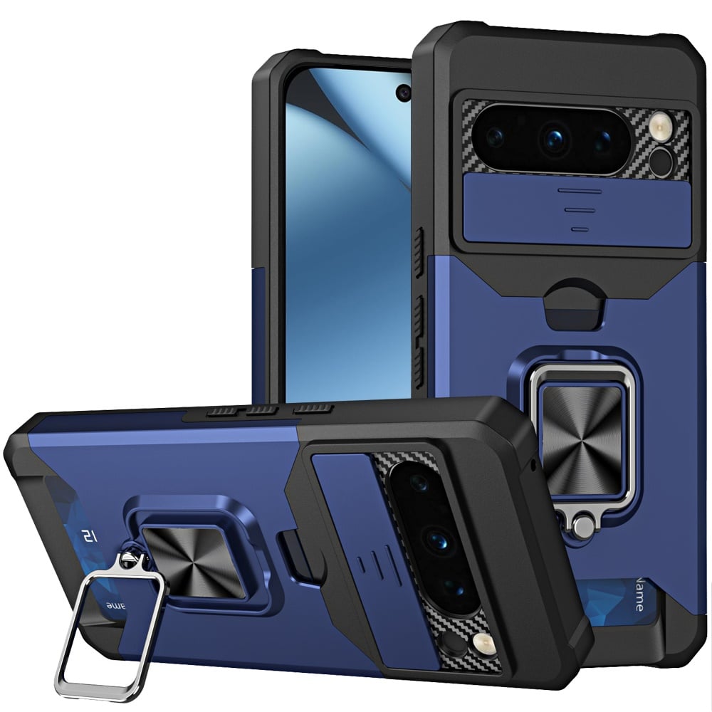 For Google Pixel 11 Pro XL Multi-Functional Card Magnetic Ring Stand Hybrid Camera Case Cover - Blue
