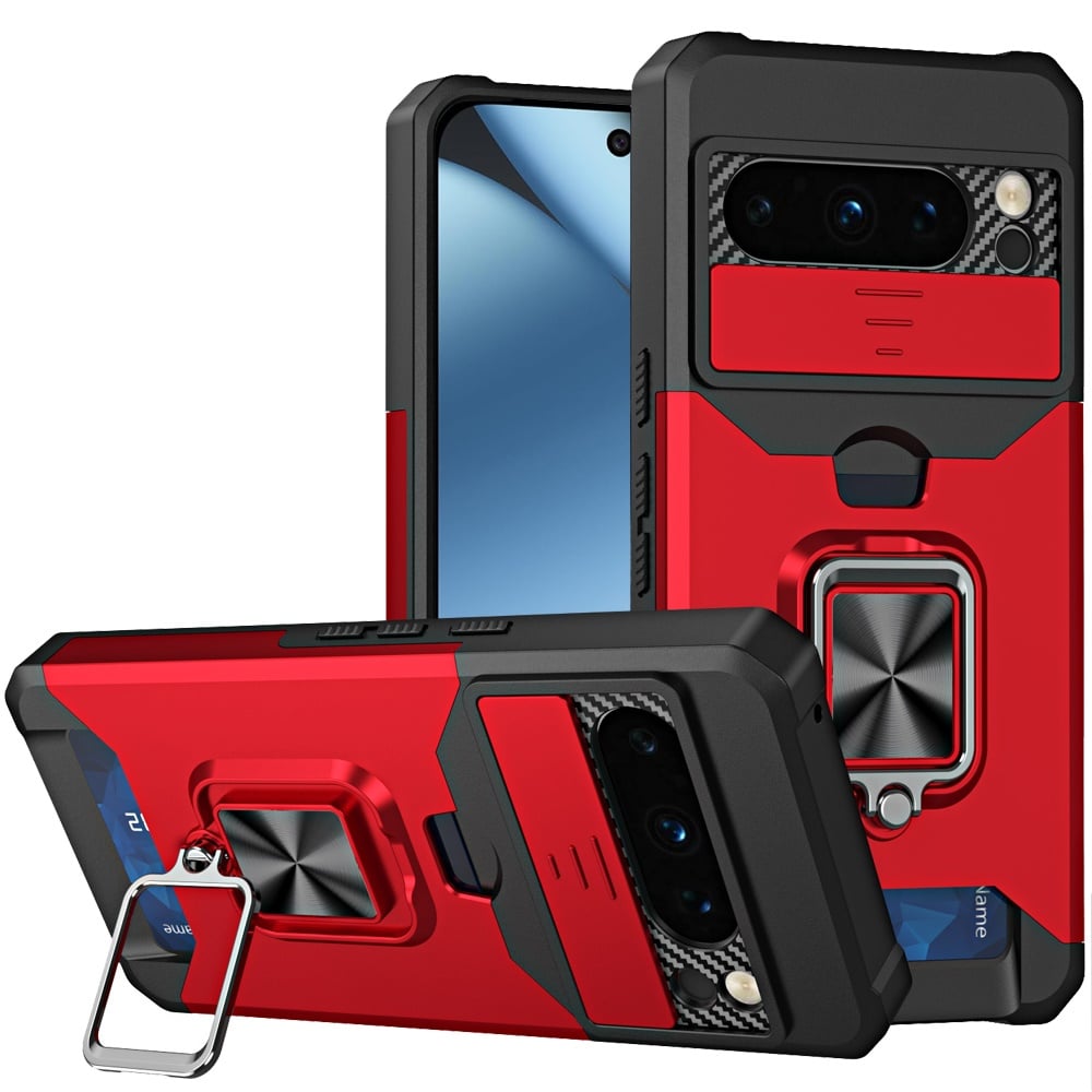 For Google Pixel 11 Pro XL Multi-Functional Card Magnetic Ring Stand Hybrid Camera Case Cover - Red