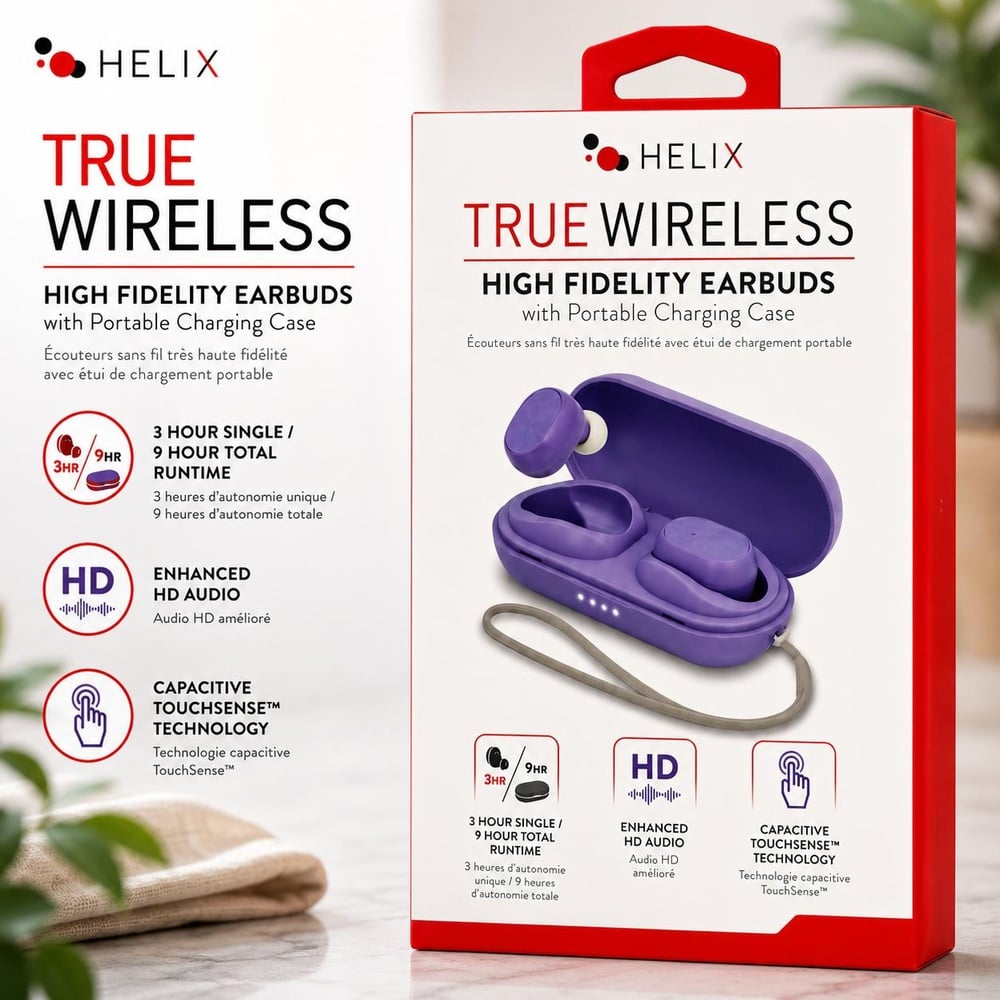 HELIX TWS HIGH FIDELITY EARBUDS WITH PORTABLE CHARGING CASE - PURPLE (A6)