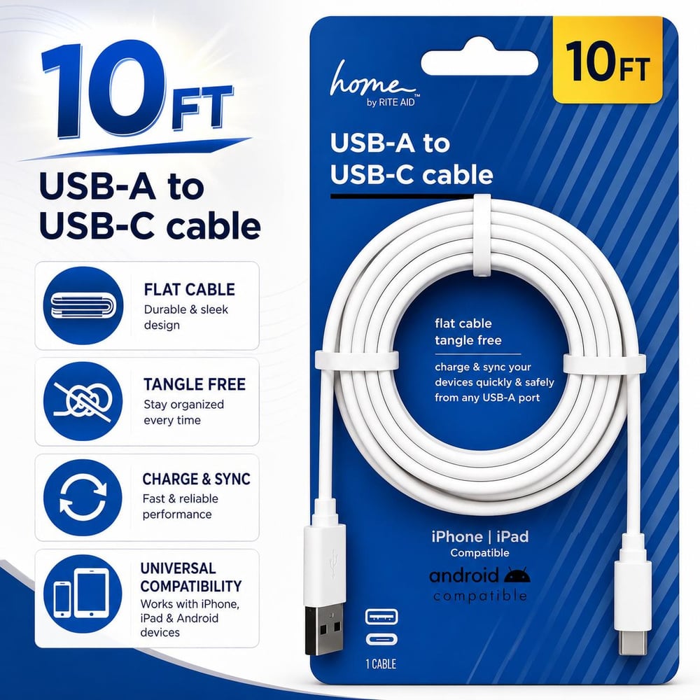 10FT USB-A TO USB-C CABLE - WHITE (E12 RITE-1)