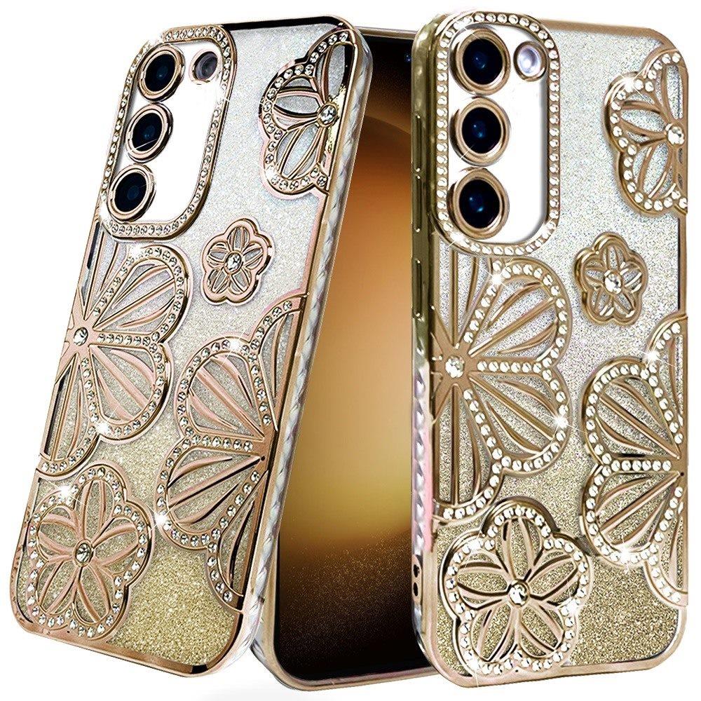 For Samsung S23 Shimmer Glitter Floral Design Thick TPU Case Cover - Gold