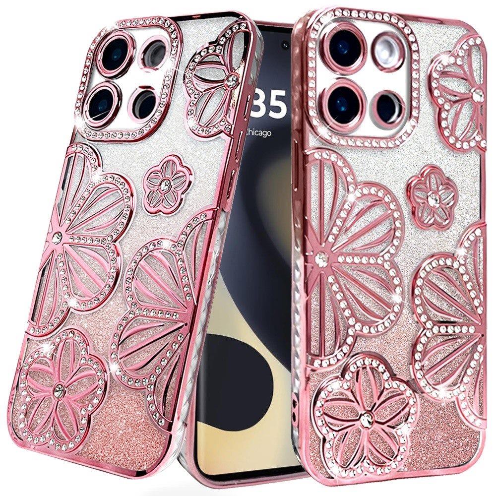 For Motorola Edge 2025 Shimmer Glitter Floral Design Thick TPU Case Cover - Rose Gold