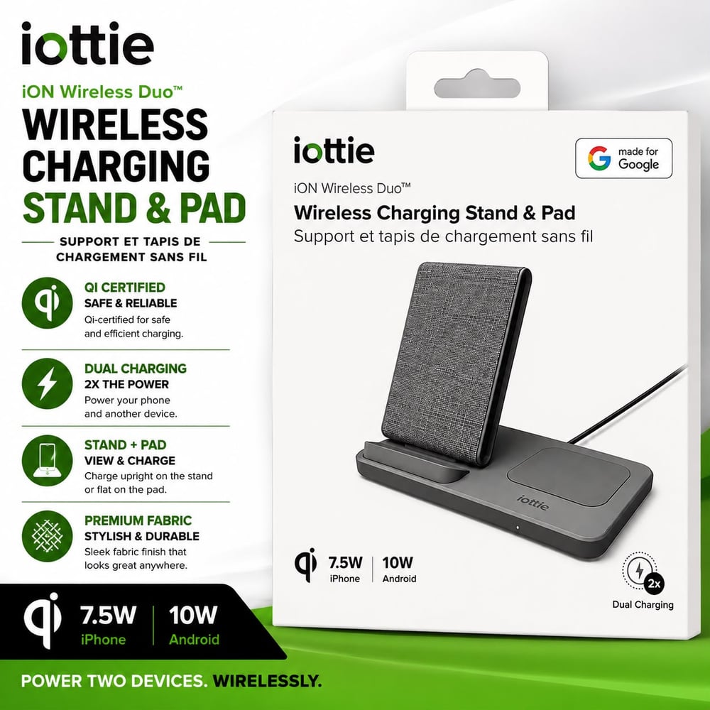 iOTTIE ION WIRELESS DUO WIRELESS CHARGING STAND & PAD - CHWRIO107GR - LIGHT GREY (B0 Ottie-E)