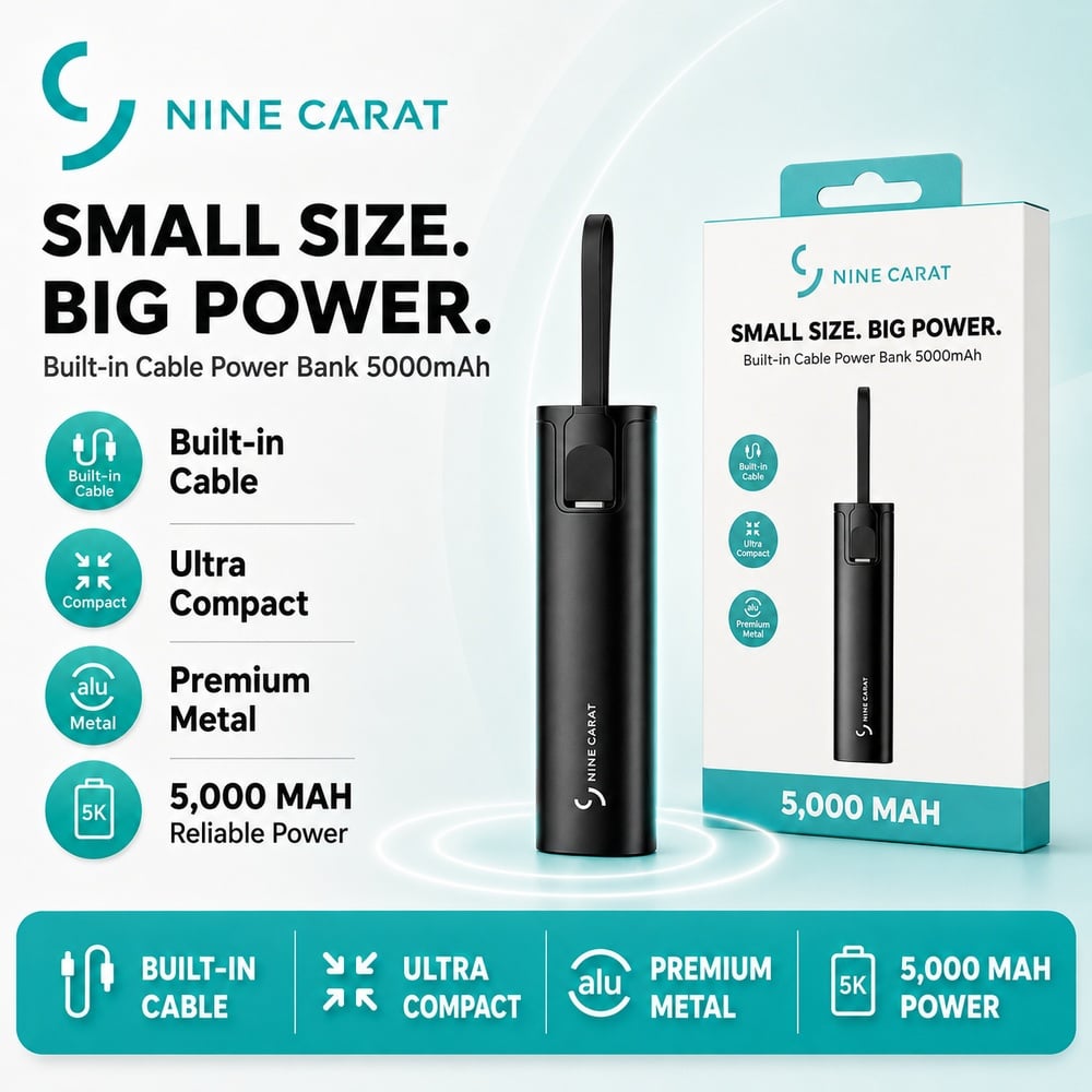 NINECARAT BUILT IN C CABLE POWER BANK 5000 MAH - BLACK (E1 NINECARAT 3)