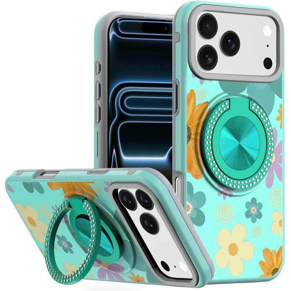 For Apple iPhone 18 Pro Max Metal Diamond CD Pattern Design Matte Finished Hybrid with Rotational Ri