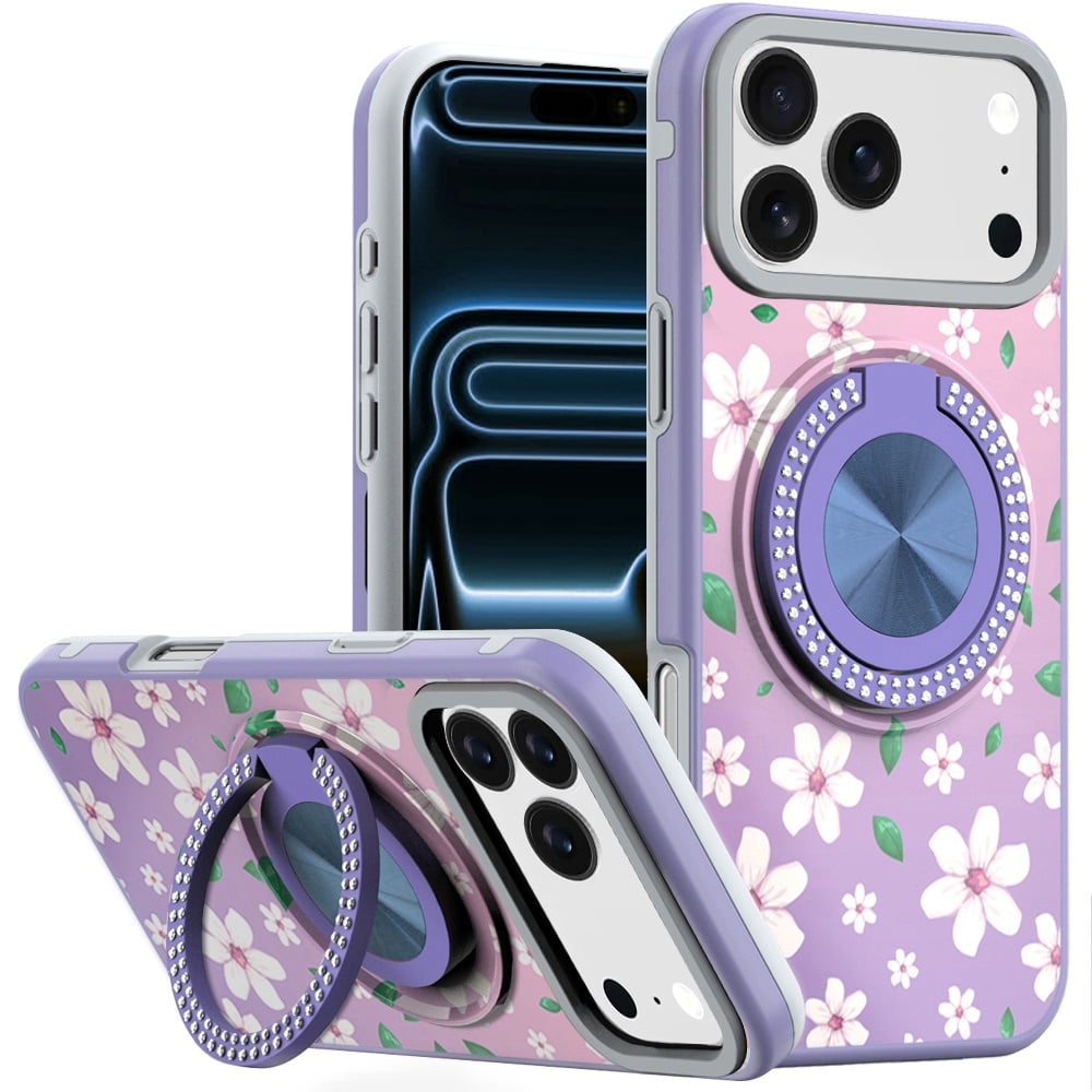 For Apple iPhone 18 Pro Max Metal Diamond CD Pattern Design Matte Finished Hybrid with Rotational Ri