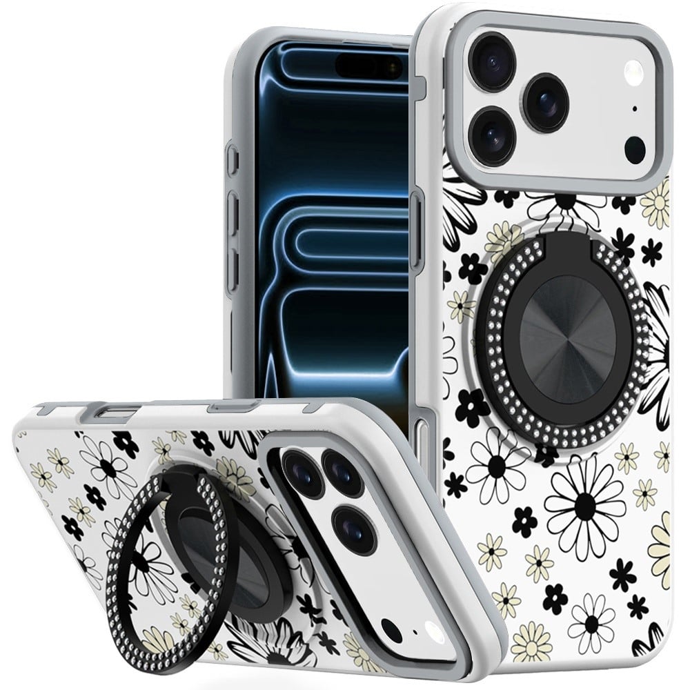 For Apple iPhone 18 Pro Max Metal Diamond CD Pattern Design Matte Finished Hybrid with Rotational Ri