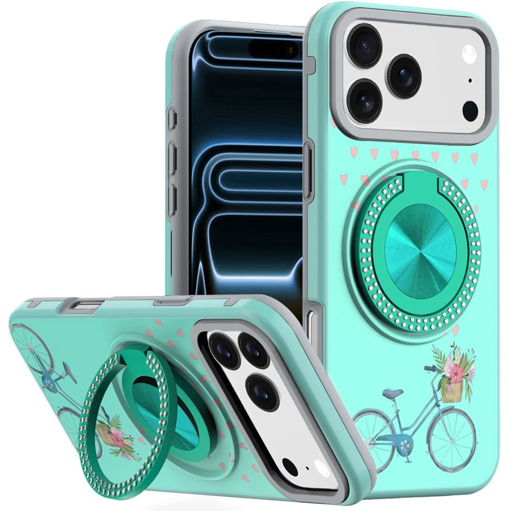 For Apple iPhone 18 Pro Max Metal Diamond CD Pattern Design Matte Finished Hybrid with Rotational Ri