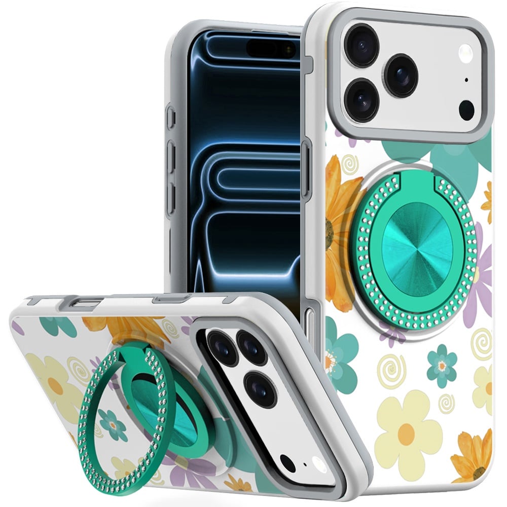 For Apple iPhone 18 Pro Max Metal Diamond CD Pattern Design Matte Finished Hybrid with Rotational Ri