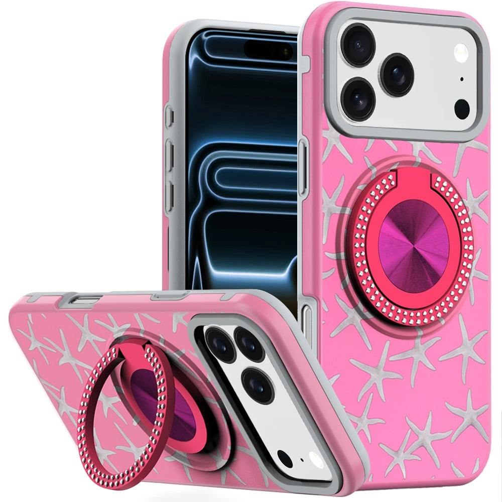 For Apple iPhone 18 Pro Metal Diamond CD Pattern Design Matte Finished Hybrid with Rotational Ring [