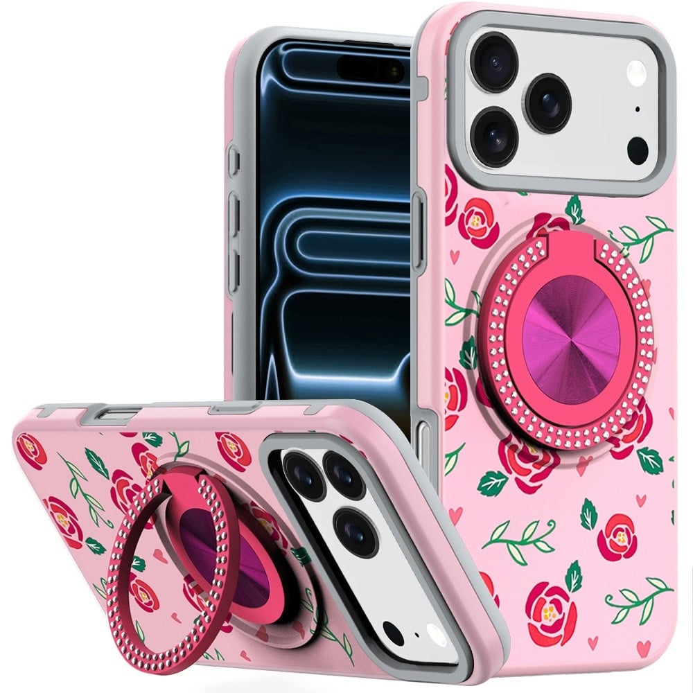 For Apple iPhone 18 Pro Metal Diamond CD Pattern Design Matte Finished Hybrid with Rotational Ring [