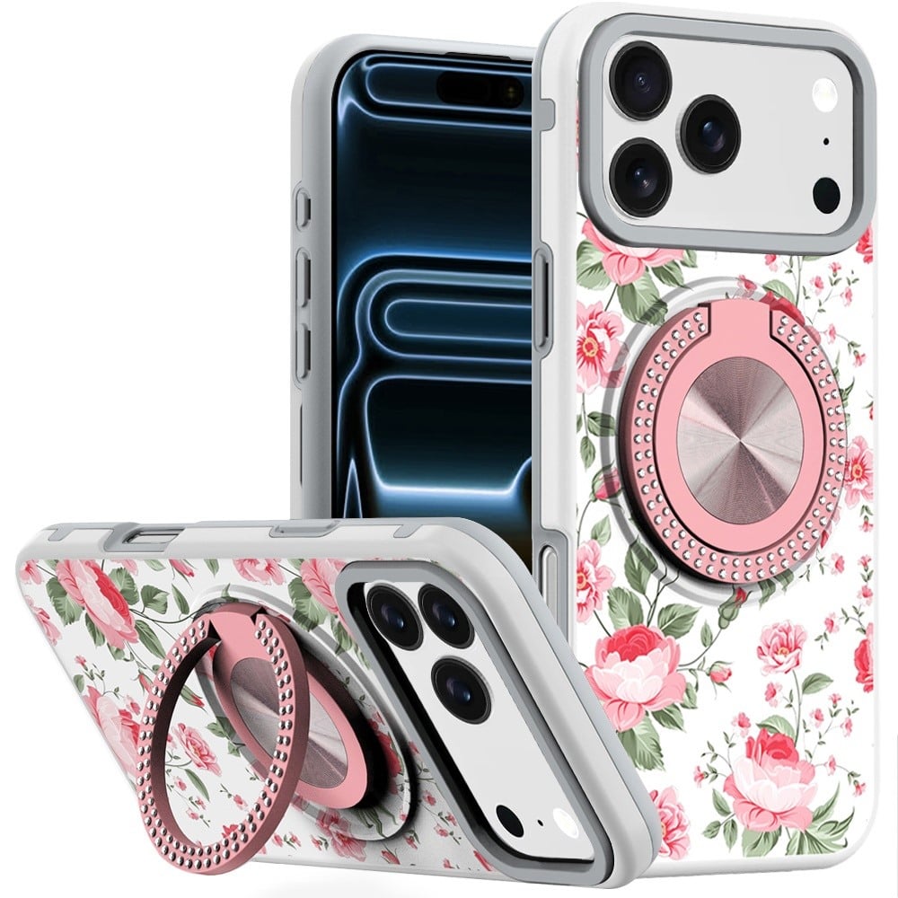 For Apple iPhone 18 Pro Metal Diamond CD Pattern Design Matte Finished Hybrid with Rotational Ring [
