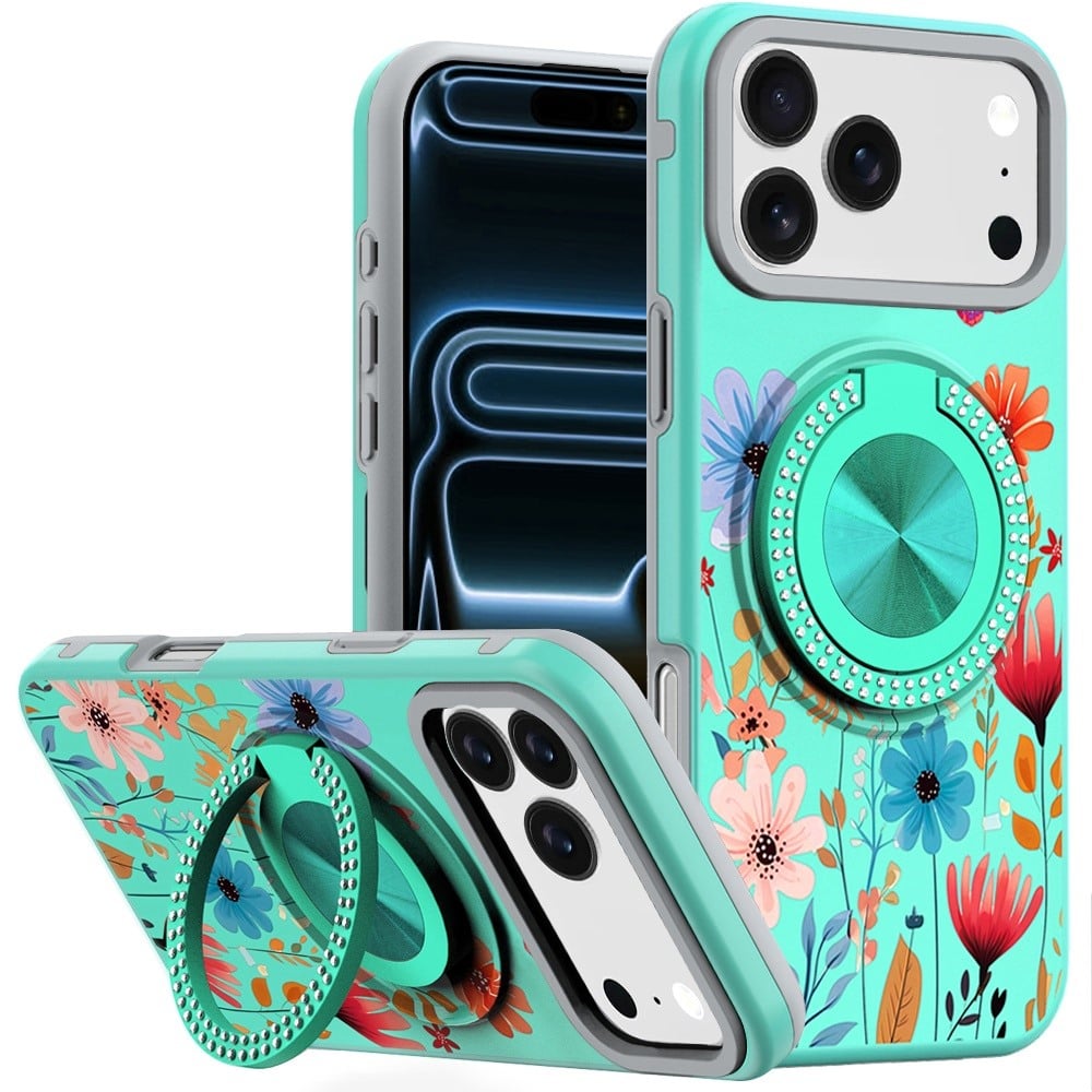 For Apple iPhone 18 Pro Metal Diamond CD Pattern Design Matte Finished Hybrid with Rotational Ring [