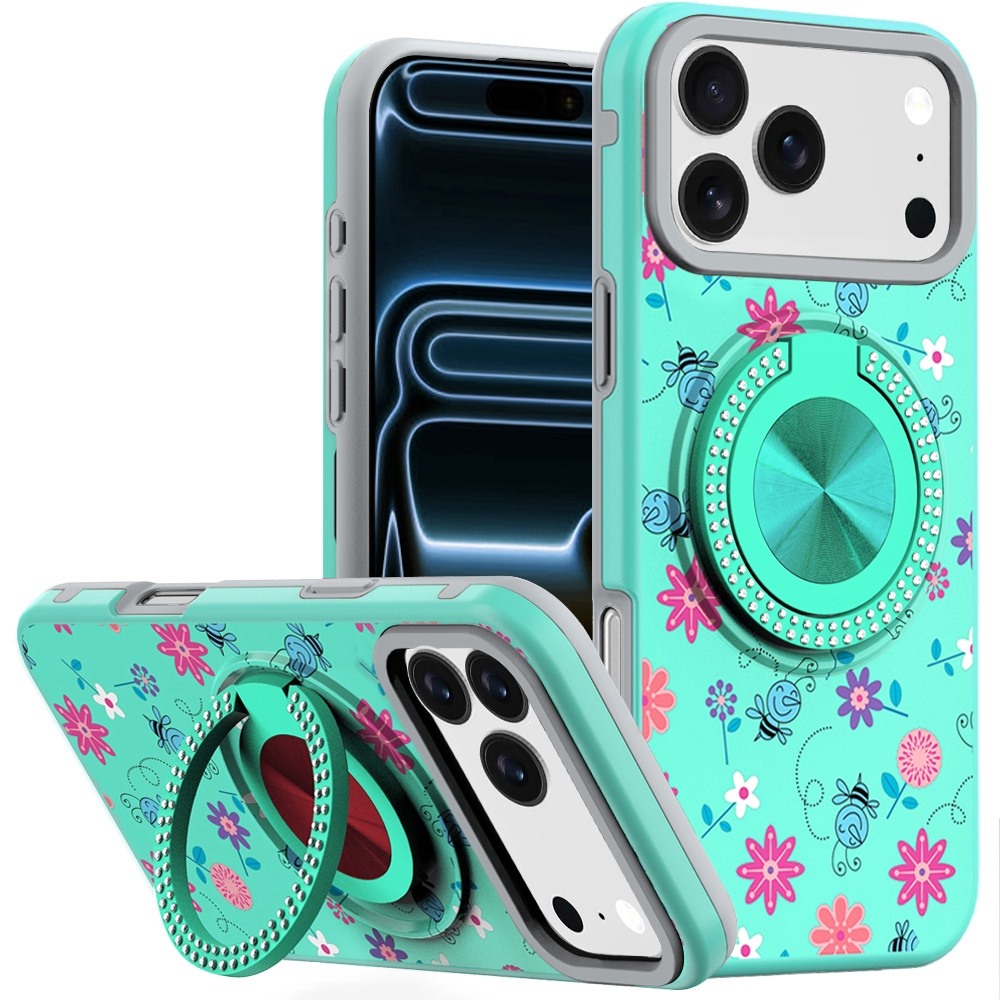 For Apple iPhone 18 Pro Metal Diamond CD Pattern Design Matte Finished Hybrid with Rotational Ring [