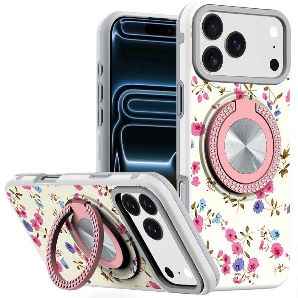 For Apple iPhone 18 Pro Metal Diamond CD Pattern Design Matte Finished Hybrid with Rotational Ring [