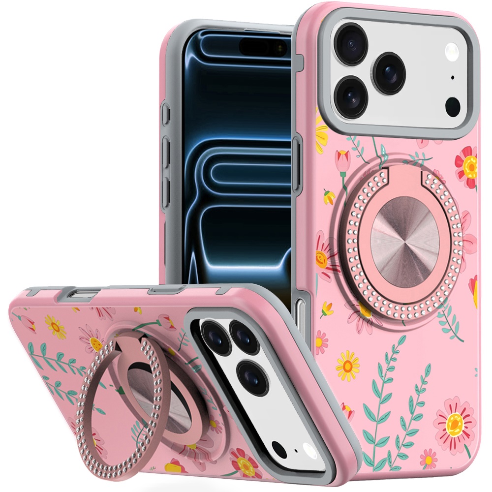 For Apple iPhone 18 Pro Metal Diamond CD Pattern Design Matte Finished Hybrid with Rotational Ring [