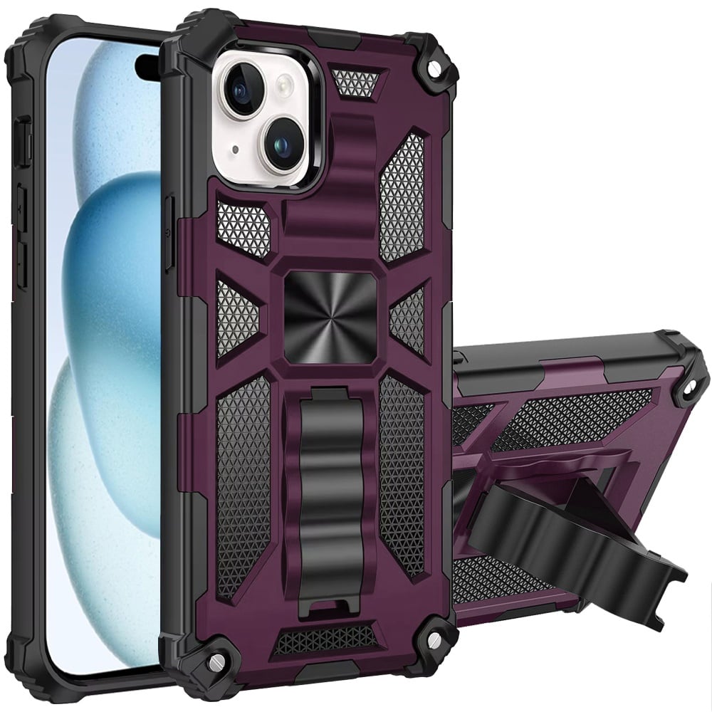 For iPhone 15 Plus / iPhone 14 Plus Machine Design Hybrid with Kickstand - Dark Cherry