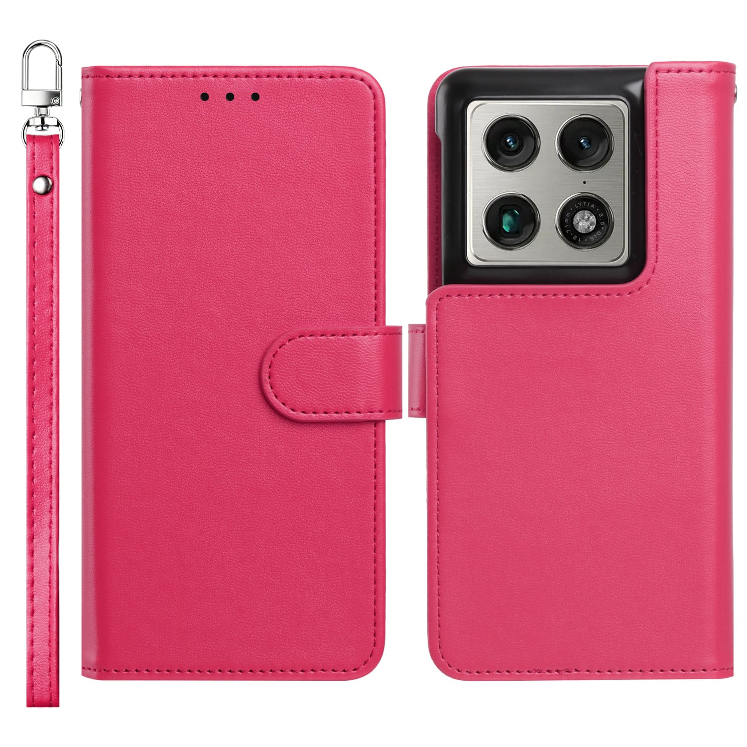 For Motorola Razr Fold 2026 Classic Leather Wallet Folio Case with wrist strap - Hot Pink