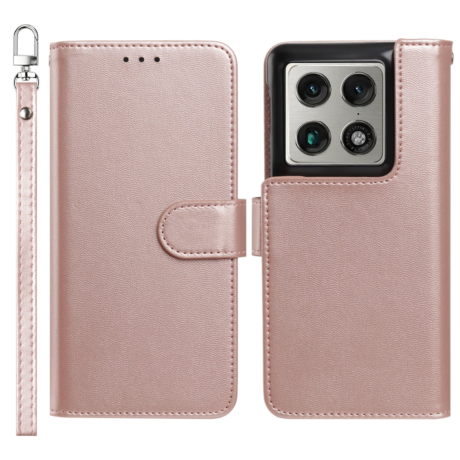 For Motorola Razr Fold 2026 Classic Leather Wallet Folio Case with wrist strap - Rose Gold