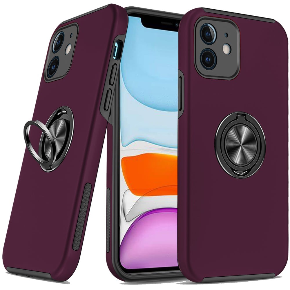 For iPhone 11 (XI6.1) CHIEF Oil Painted Magnetic Ring Stand Hybrid Case Cover - Dark Cherry